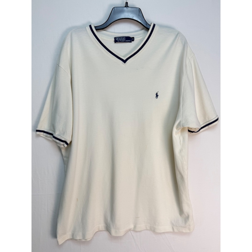 Polo Ralph Lauren Mens Cotton Shirt XL White V-Neck Contrast Trim Pony Logo